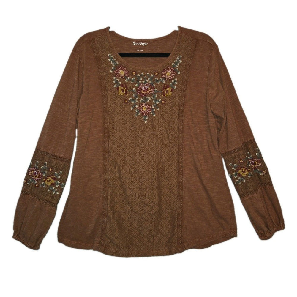NorthStyle Floral Embroidered Peasant Blouse Women's Large Boho Top Cottagecore